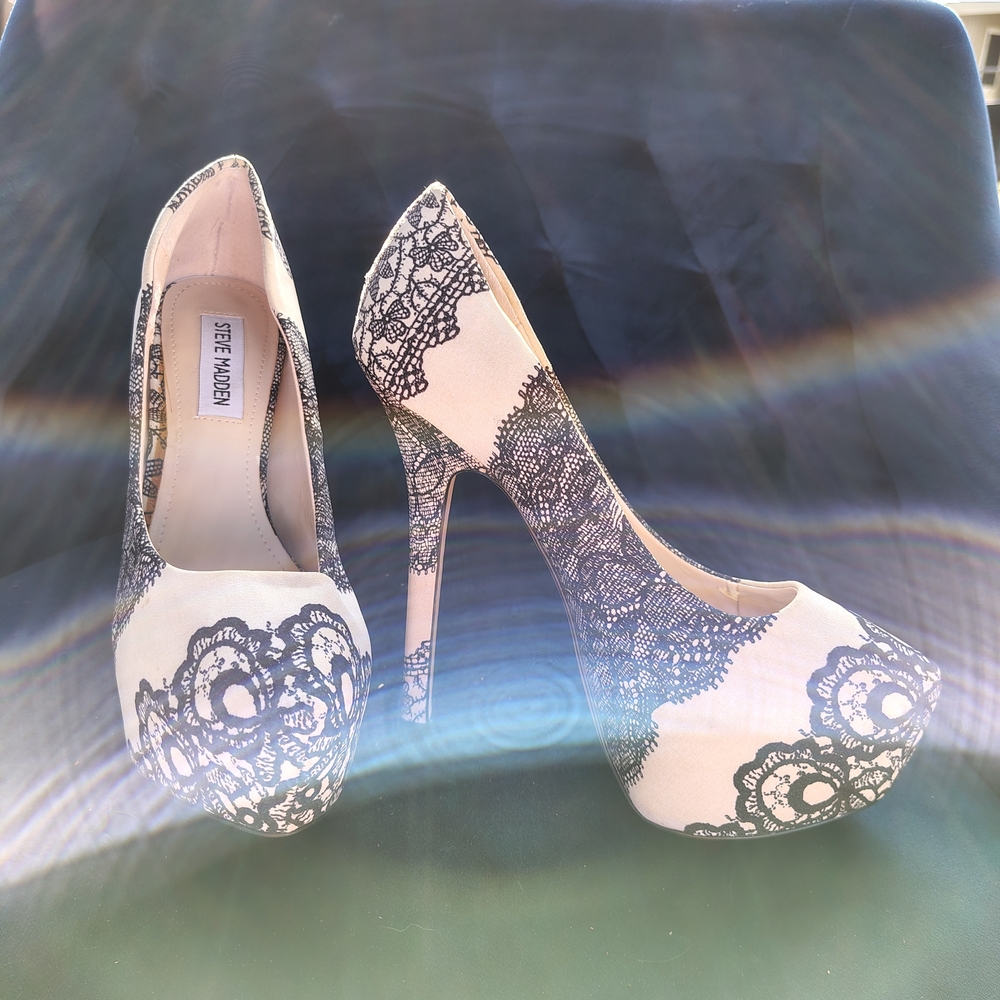 Steve Madden Cream Heels with Black Lace Overlay